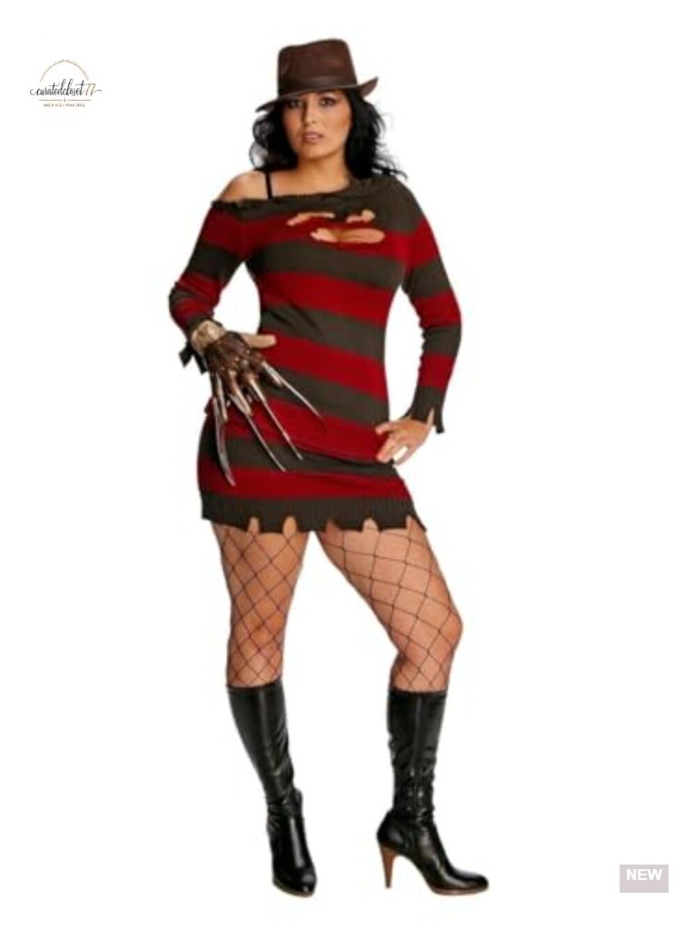 Adult Freddy Krueger Costume Sweater Dress Glove Hat Halloween Cosplay